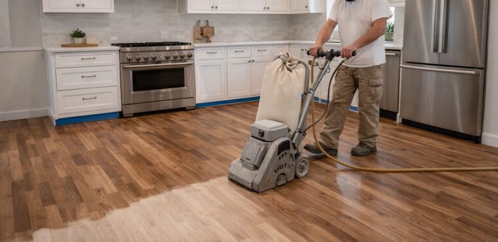 Technician wearing mask and ear protection operating a dust-containment floor sander on medium-toned oak hardwood in a bright, white-kitchen setting; half-finished surface shows contrast between sanded and unsanded areas, highlighting precision refinishing.