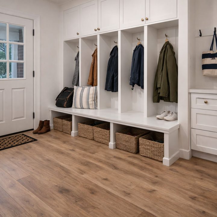 Durable light oak LVP flooring in a clean, organized mudroom with white lockers, bench seating, woven baskets, coat hooks, and a patterned entry mat—showcasing practicality and seamless transition from outdoors.