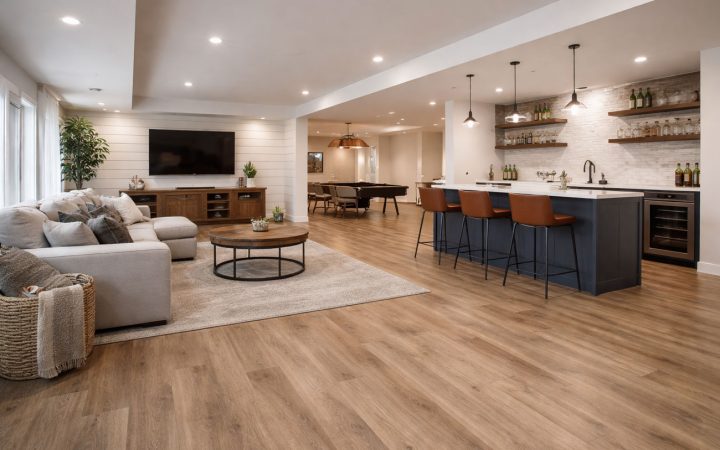 Installer wearing white-and-orange work gloves carefully aligning two gray wood-grain luxury vinyl planks on a concrete subfloor; emphasizes precision, ease of click-lock installation, and realistic texture.
